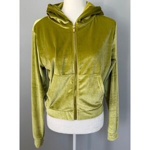 Fabletics Velour Donna Hoodie Green Cropped Jacket Gold Zipper Size Small